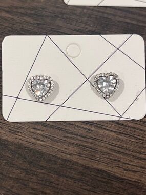 Silver Heart Halo Cubic Zirconia Stud Earrings - Clear studs CZ